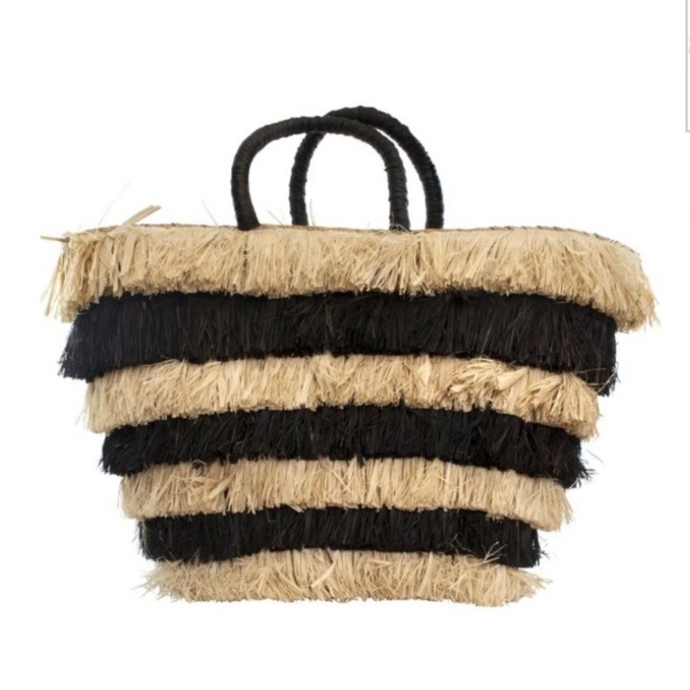 KAYU PIÑATA FRINGE STRAW TOTE BLACK AND TAN LEATHER HANDLE - Picture 5 of 15